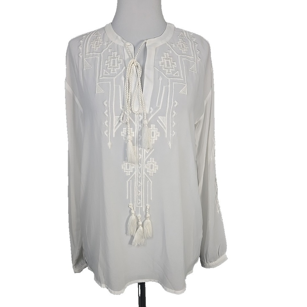 American Rag Cie Women's White Chiffon Embroidered Tunic Top Blouse Shell Small